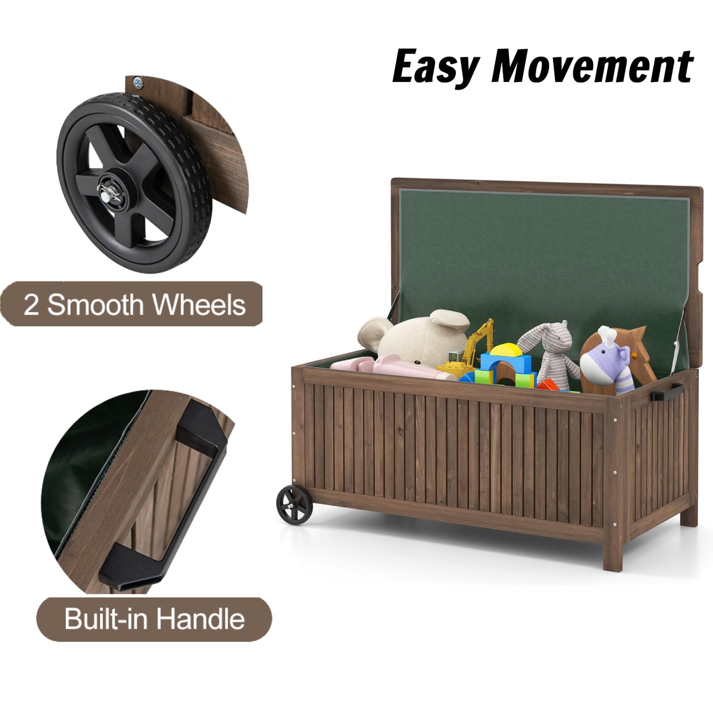 GiantexUK 207L Garden Storage Box, Waterproof Fir Wood Deck Box with Wheels, Removable Inner Liner, Sit-on Lid & Handle