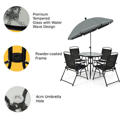 GiantexUK 6 Piece Garden Dining Set, Metal Frame Patio Bistro Set with Tempered Glass Table, 4 Folding Chairs & Parasol Umbrella