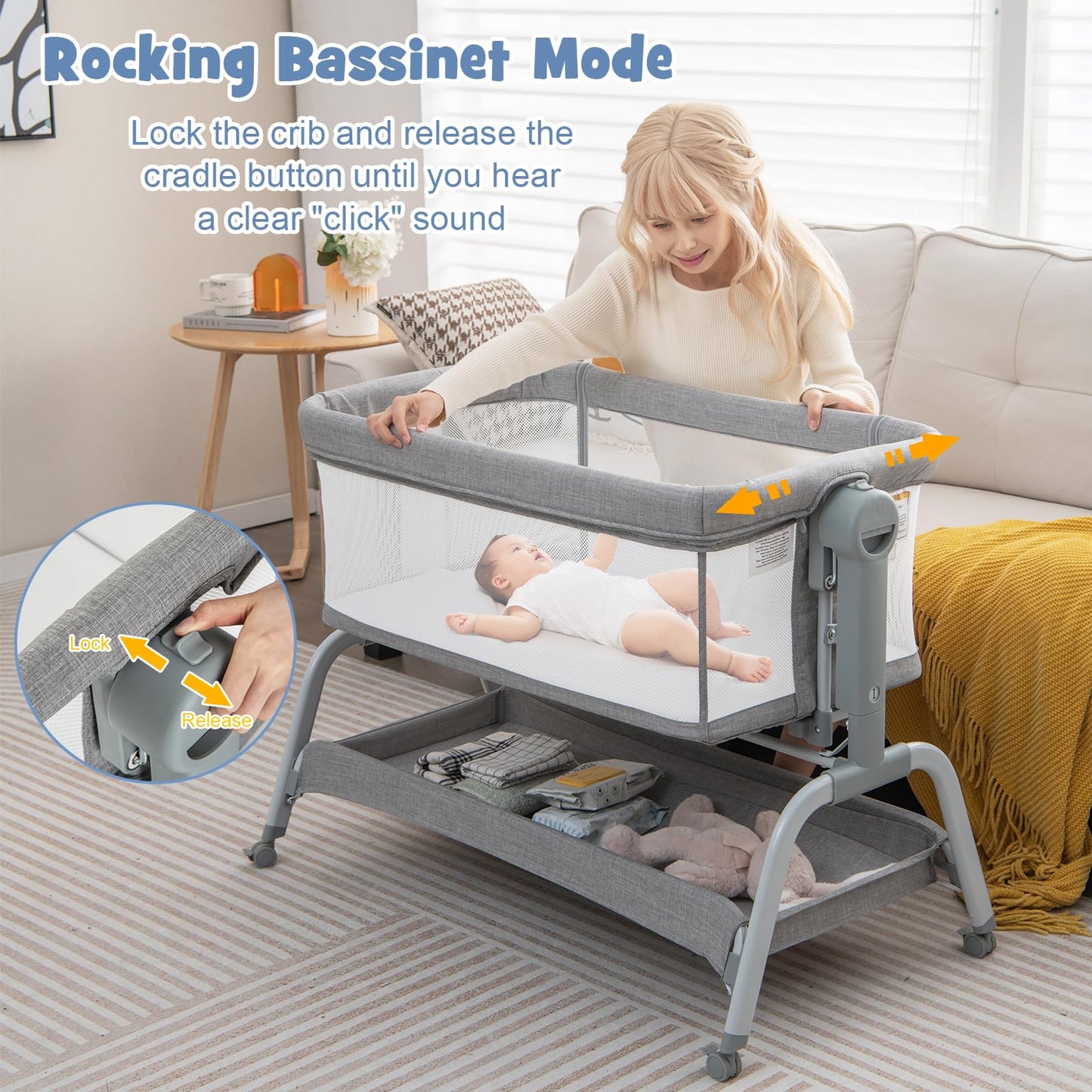 4-in-1 Baby Bedside Crib, Heights Adjustable Rocking Bassinet with Mattress, Detachable Net