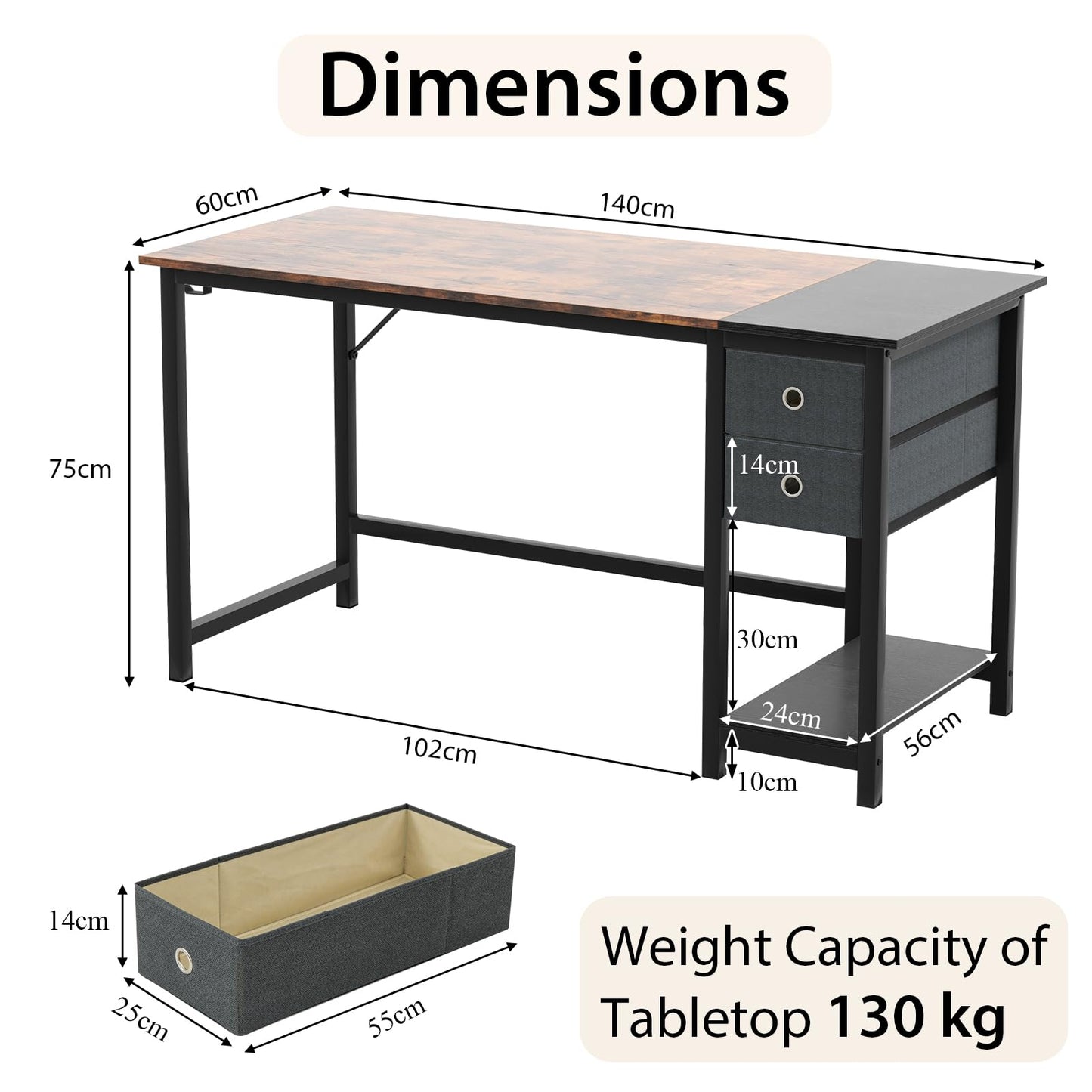 Computer Desk, Metal Frame Study Table Workstation with 2 Removable Drawers (140 x 60 x 75 cm)