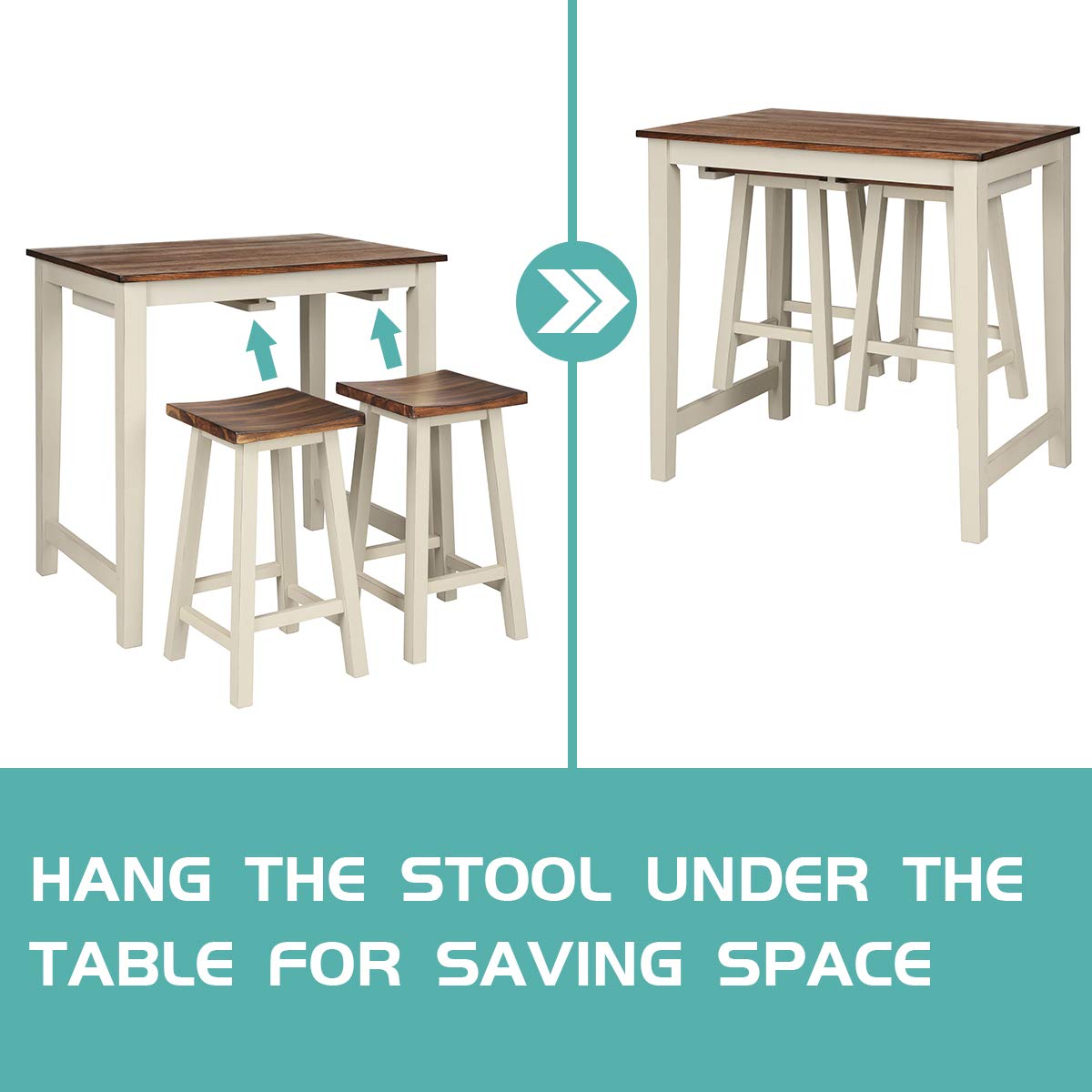 GiantexUK 3-Piece Bar Table Set, Space-Saving Dining Room Table and Chairs with Footrest (without Wine Holders, Curved Seat)