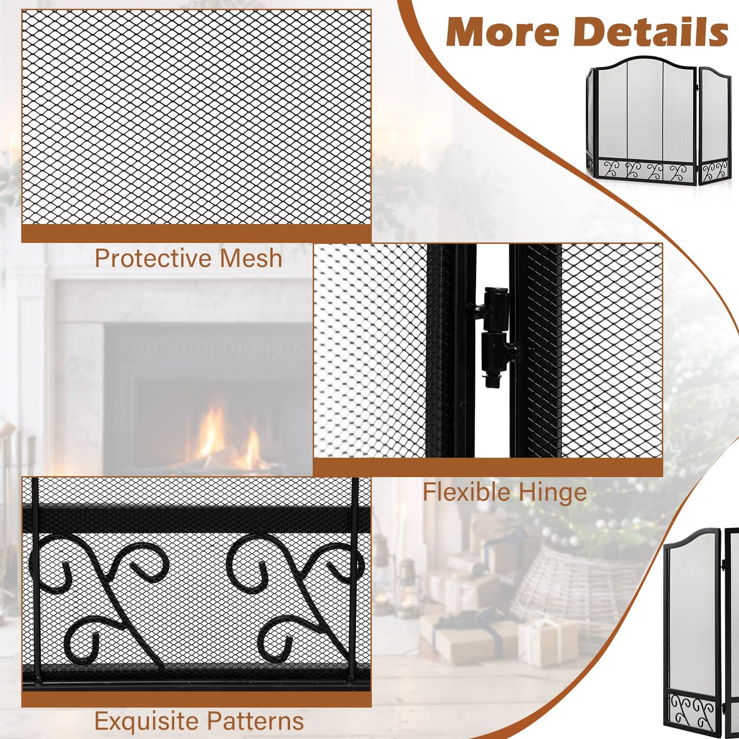 GiantexUK 3-Panel Folding Fire Guard, Metal Mesh Fireplace Screen (Grass Pattern, 127 x 78cm)