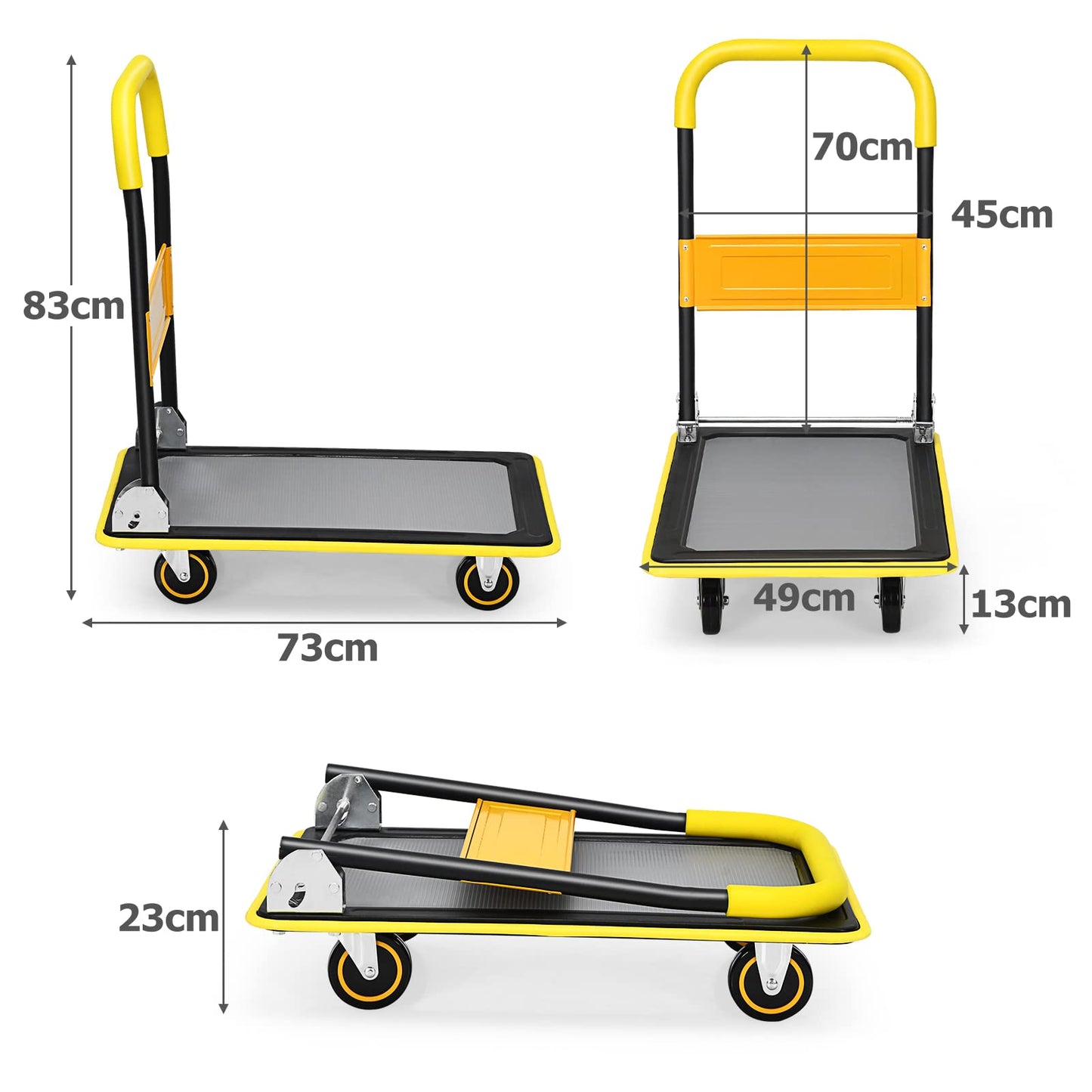 GiantexUK Folding Hand Sack Truck, 150KG Capacity Heavy Duty Platform Trolley with Wheels & Handle(73x49x83cm, 150KG, Yellow+Black)