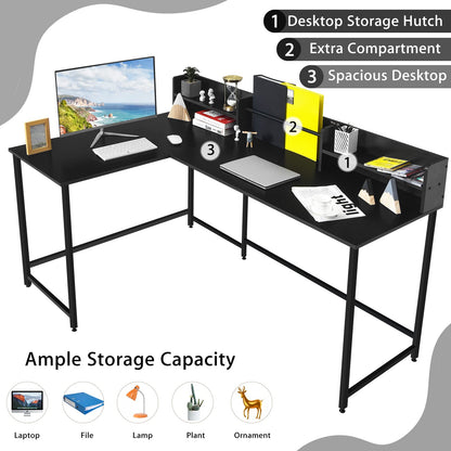 L-Shaped Computer Desk, Industrial Large Corner Desk Writing Study Table with Hutch