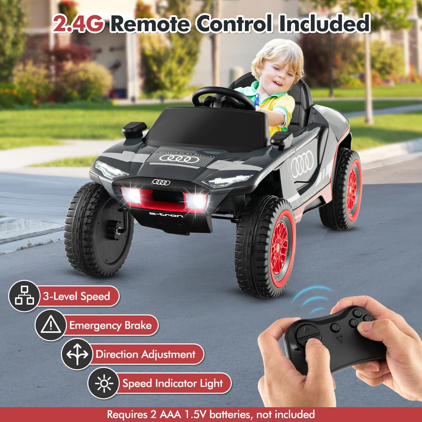 12V Kids Ride on Car, Licensed Audi Electric Vehicle with Remote Control, LED Lights, Music, Horn, USB/FM