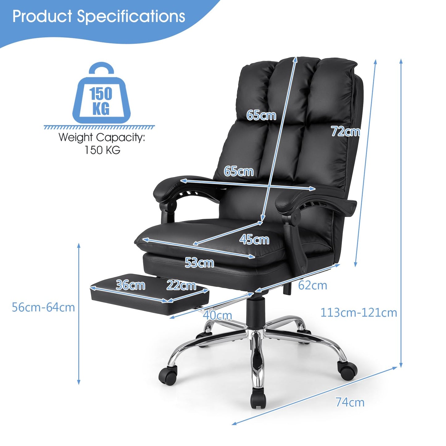 PU Leather Office Chair, Height Adjustable Reclining Computer Desk Chair with Retractable Footrest