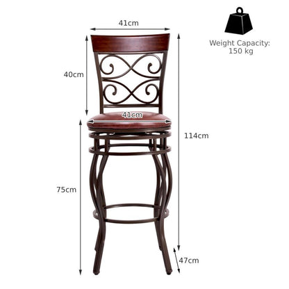 Set of 2 Retro Bar Stools, 360° Swivel PU Leather Padded Bar Chairs with Backrest & Footrest