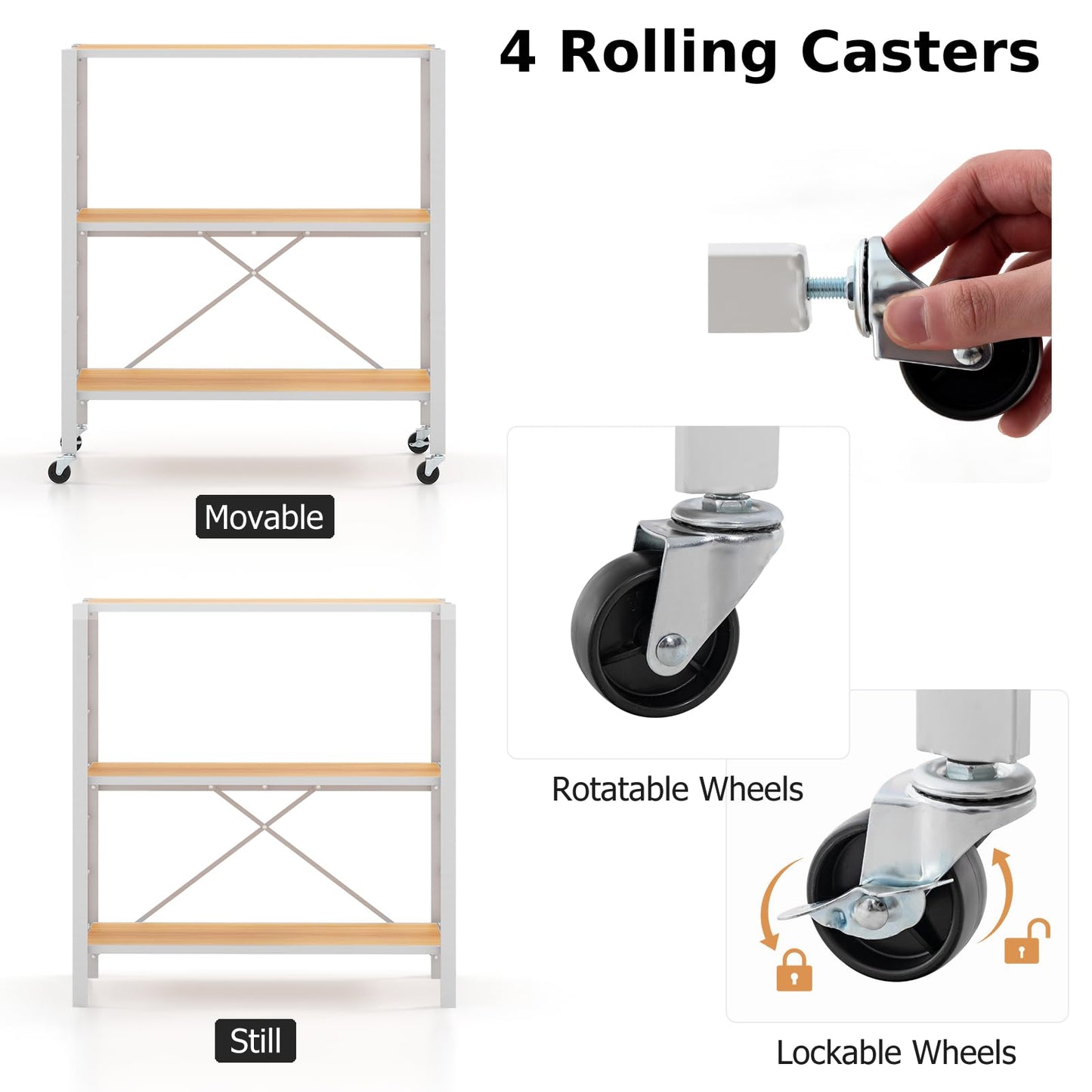 GiantexUK 3-Tier Storage Cart, Foldable Metal Frame Shelving Unit with Wheels, Adjustable Shelves & Anti-Tipping Device