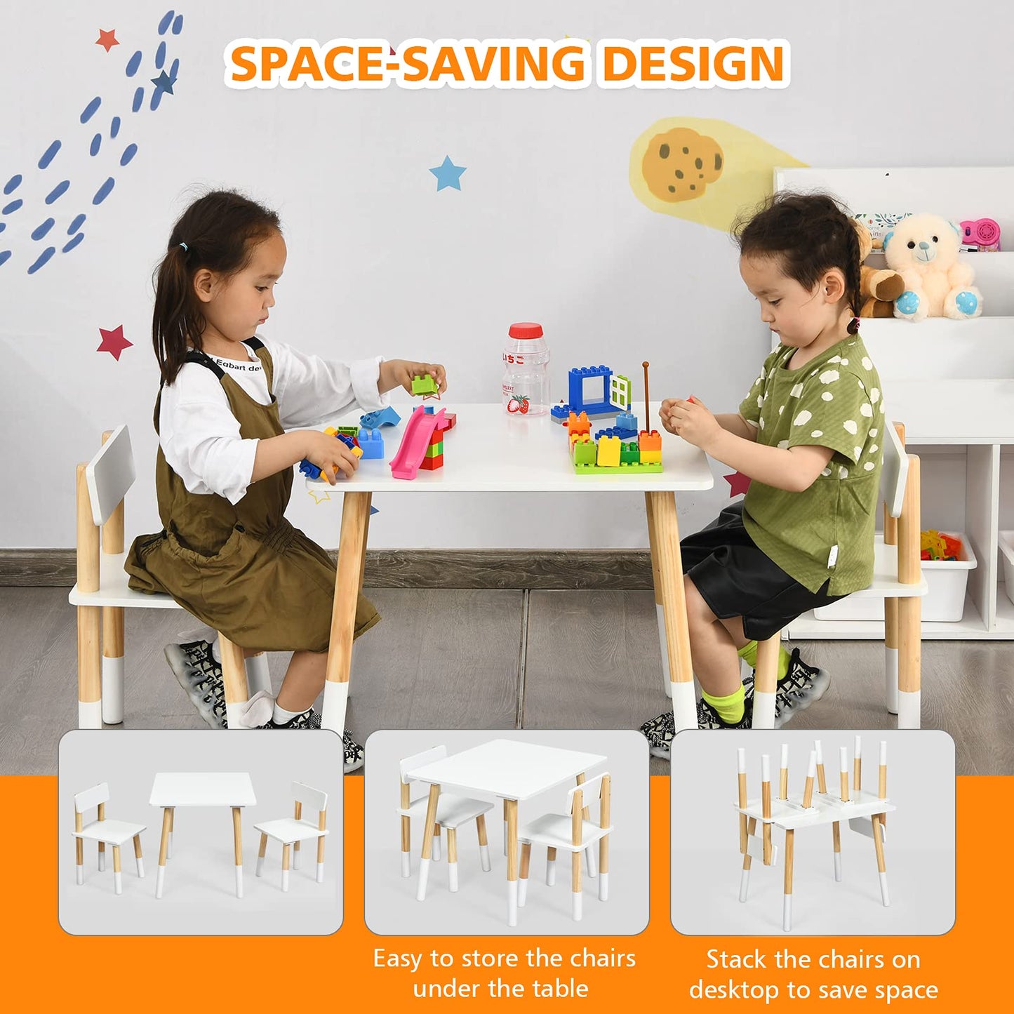 Kids Table and 2 Chairs, Wooden Children Table Chair Set with Non-slip Foot Pads