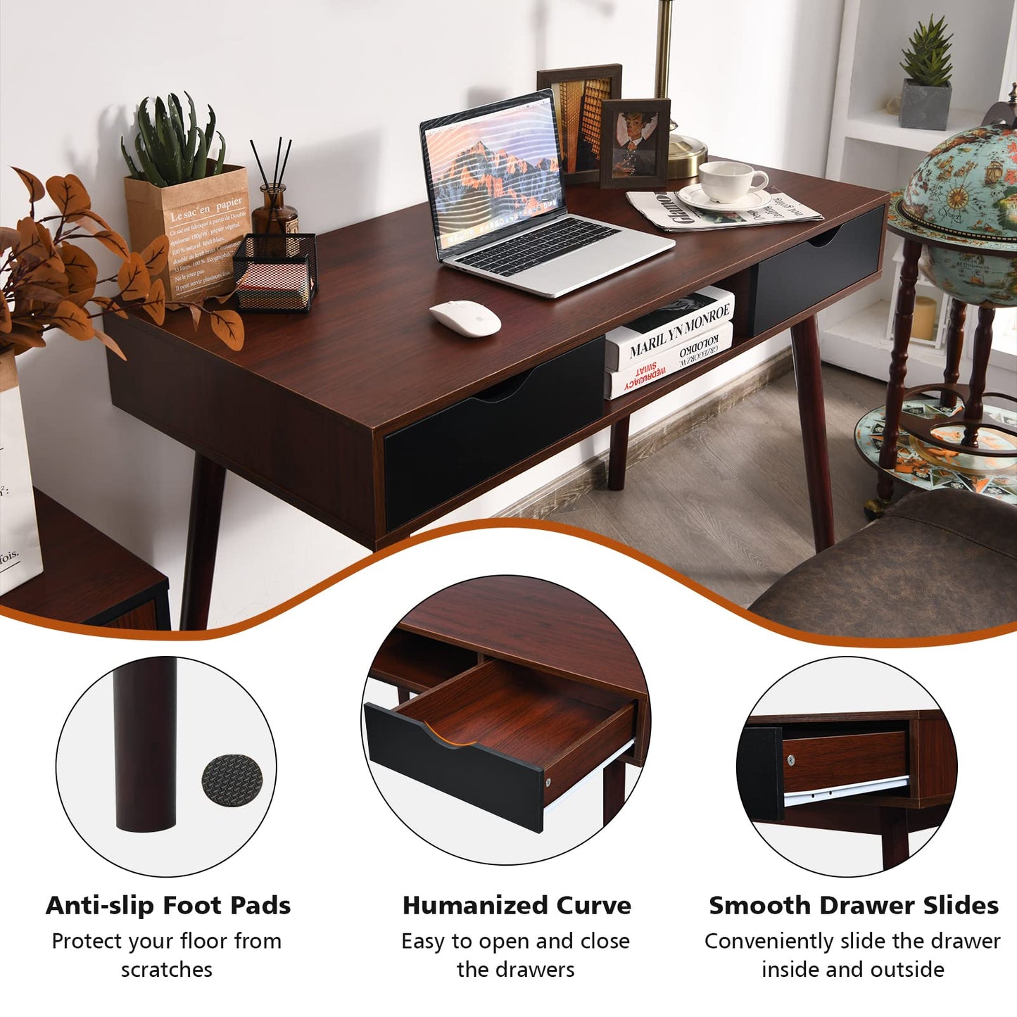 Computer Desk, Wooden PC Laptop Table Writing Workstation with 2 Drawers, Walnut+Black