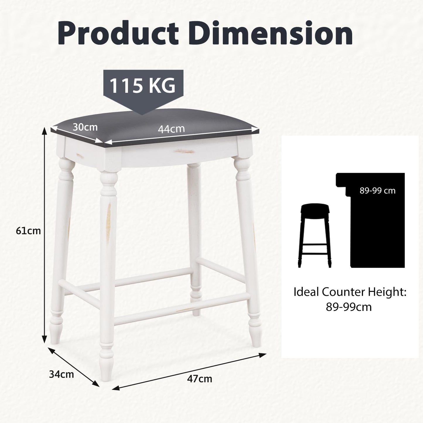 GiantexUK Bar Stools Set of 2, Upholstered Breakfast Barstools with PVC Cushion Surface & Extra Footrests (47 x 34 x 61cm)