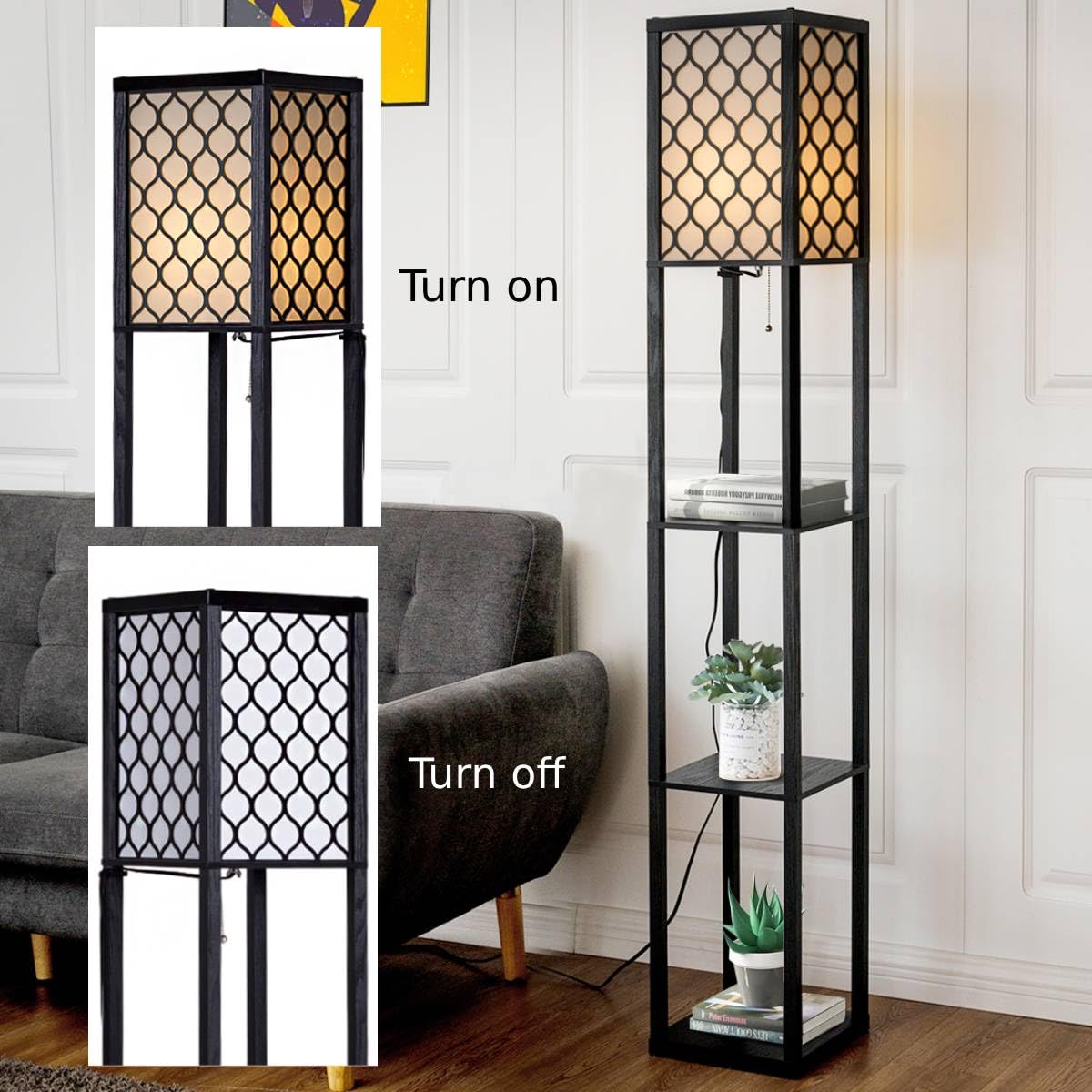 GiantexUK Floor Lamp with Shelves, 3 Layers Tall Standing Light (with Grid Patterns)