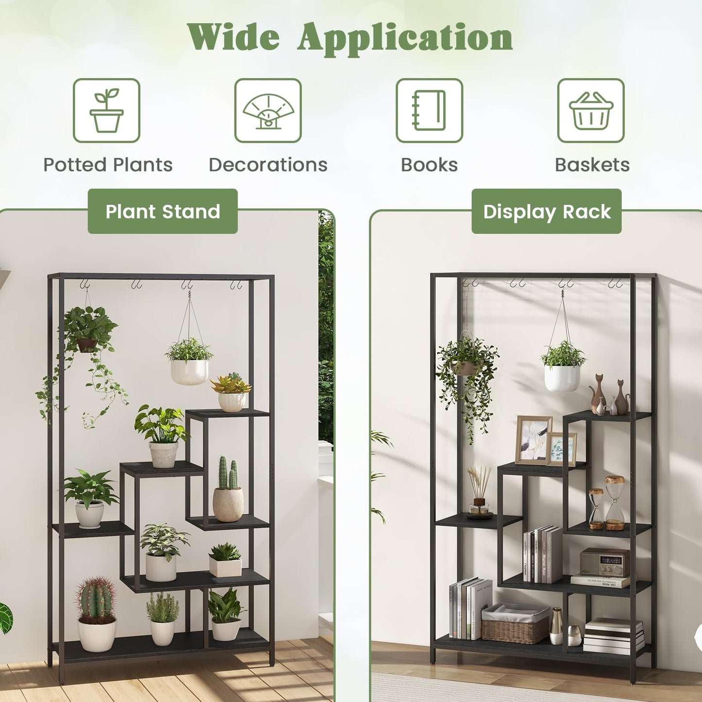 6-tier Tall Plant Stand, 180cm Metal Indoor Flower Pots Rack with 10 Hanging Hooks