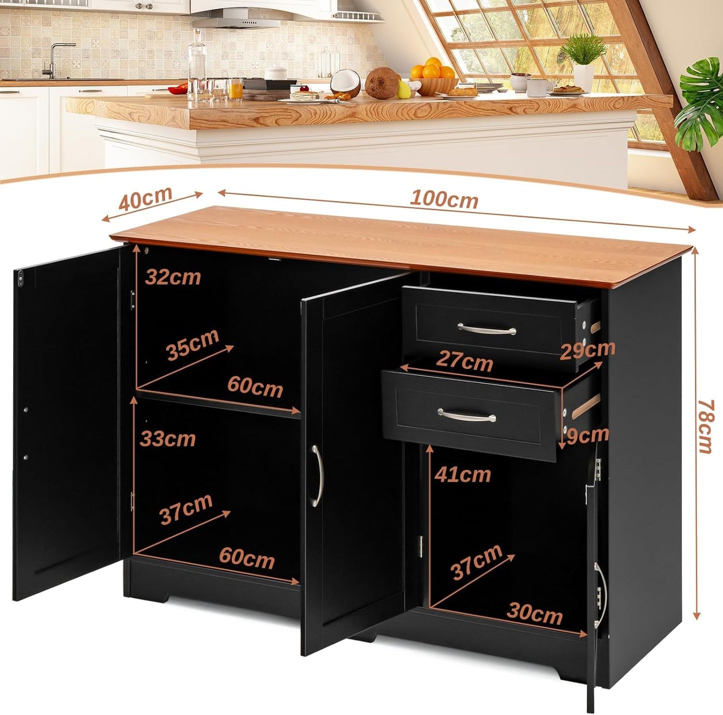 GiantexUK Buffet Sideboard, Wooden Storage Cabinet with Adjustable Shelf, 2 Drawers and 3 Door