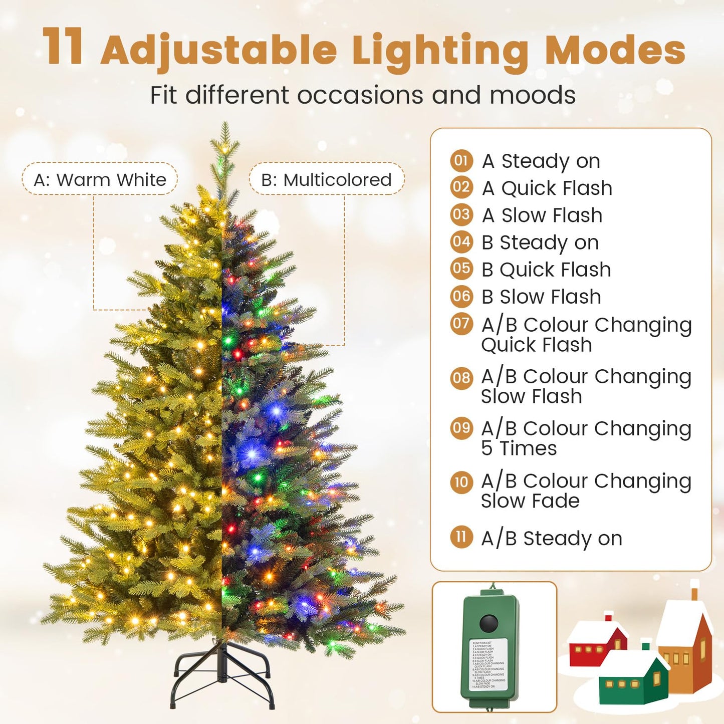 5FT Pre-Lit Artificial Christmas Tree, Hinged Xmas Tree with 250 Warm White & Multicolored LED Lights