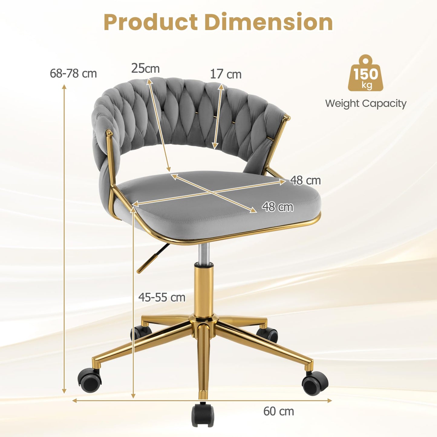 Modern Desk Chair, Height Adjustable Swivel Upholstered Computer Chair Leisure Vanity Seat with Wheels