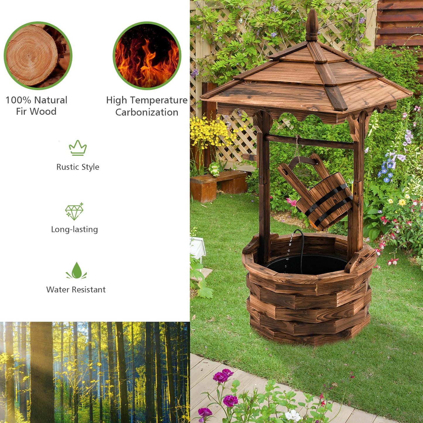 GiantexUK Wooden Garden Wishing Well, Decorative Water Fountain with Electric Pump