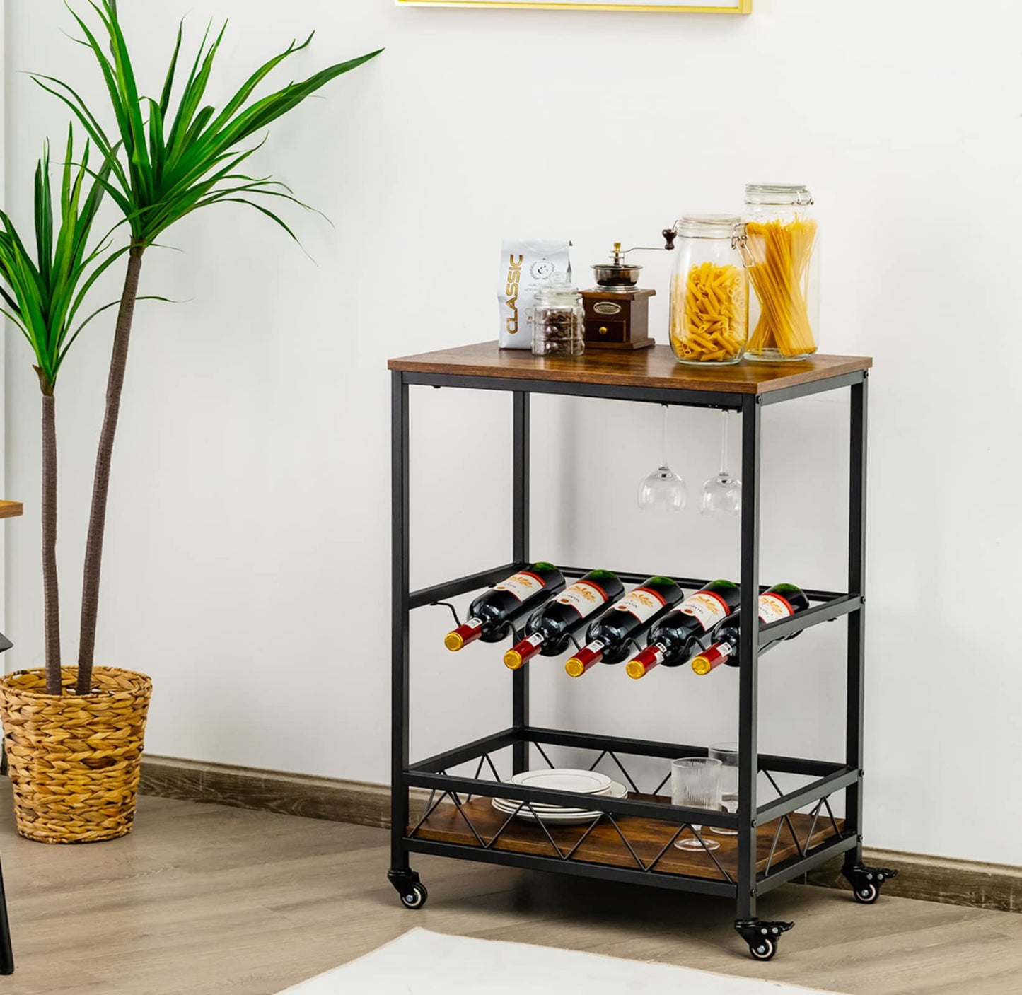 GiantexUK Kitchen Storage Trolley on Wheels, Rolling Bar Cart with 2 Glass Holders & Wine Rack