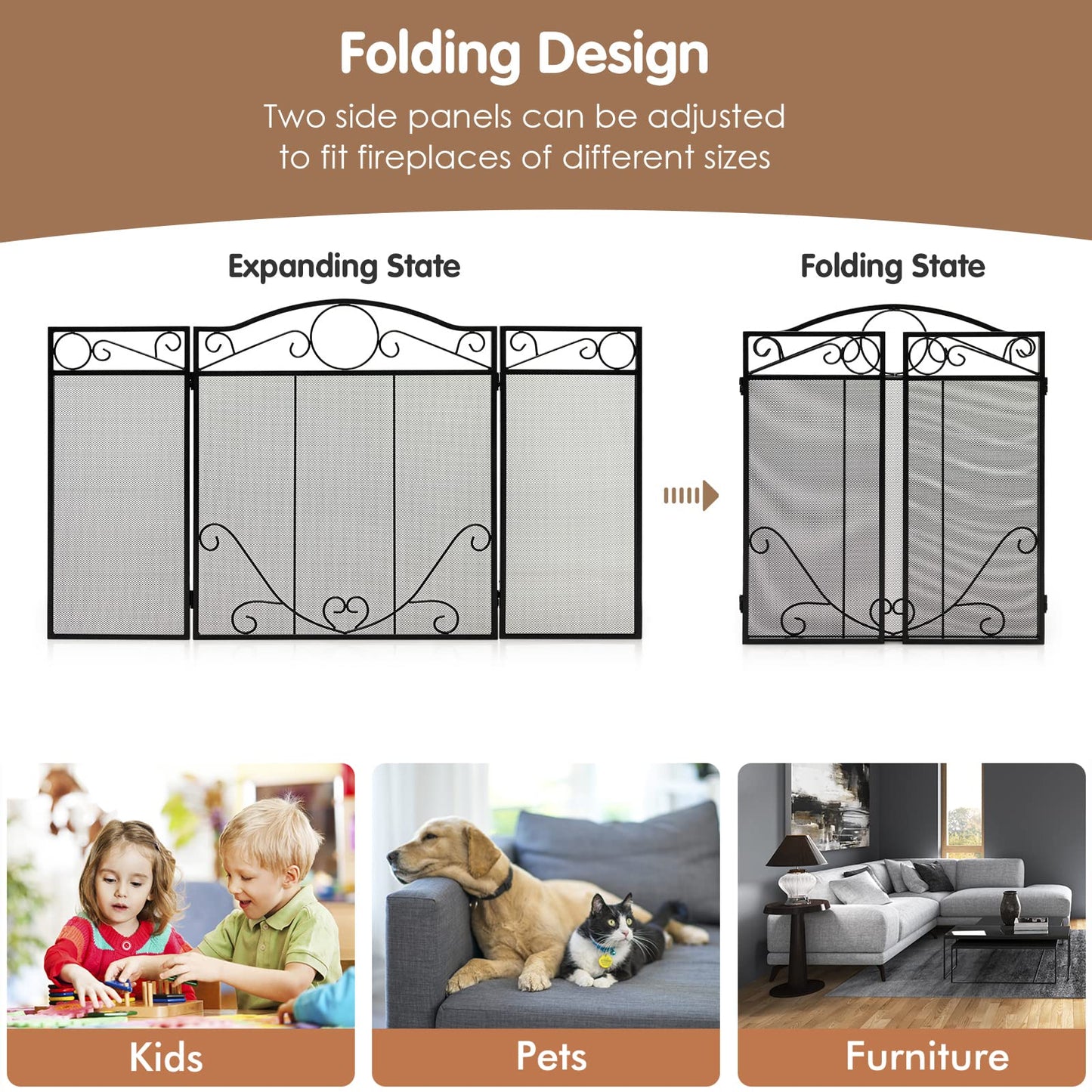 GiantexUK 3-Panel Folding Fire Guard, Metal Mesh Fireplace Screen, Heavy Duty Freestanding Spark Guard Safety Barrier (Scrollwork Pattern, 127 x 73cm)