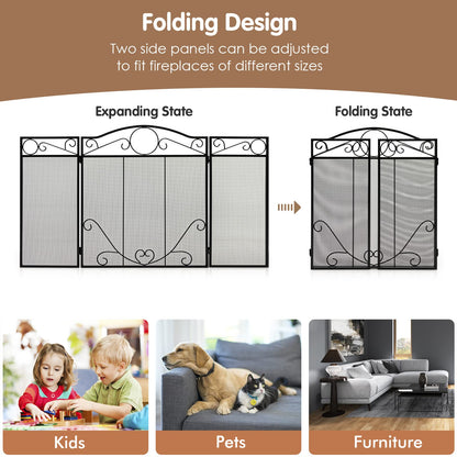 GiantexUK 3-Panel Folding Fire Guard, Metal Mesh Fireplace Screen, Heavy Duty Freestanding Spark Guard Safety Barrier (Scrollwork Pattern, 127 x 73cm)