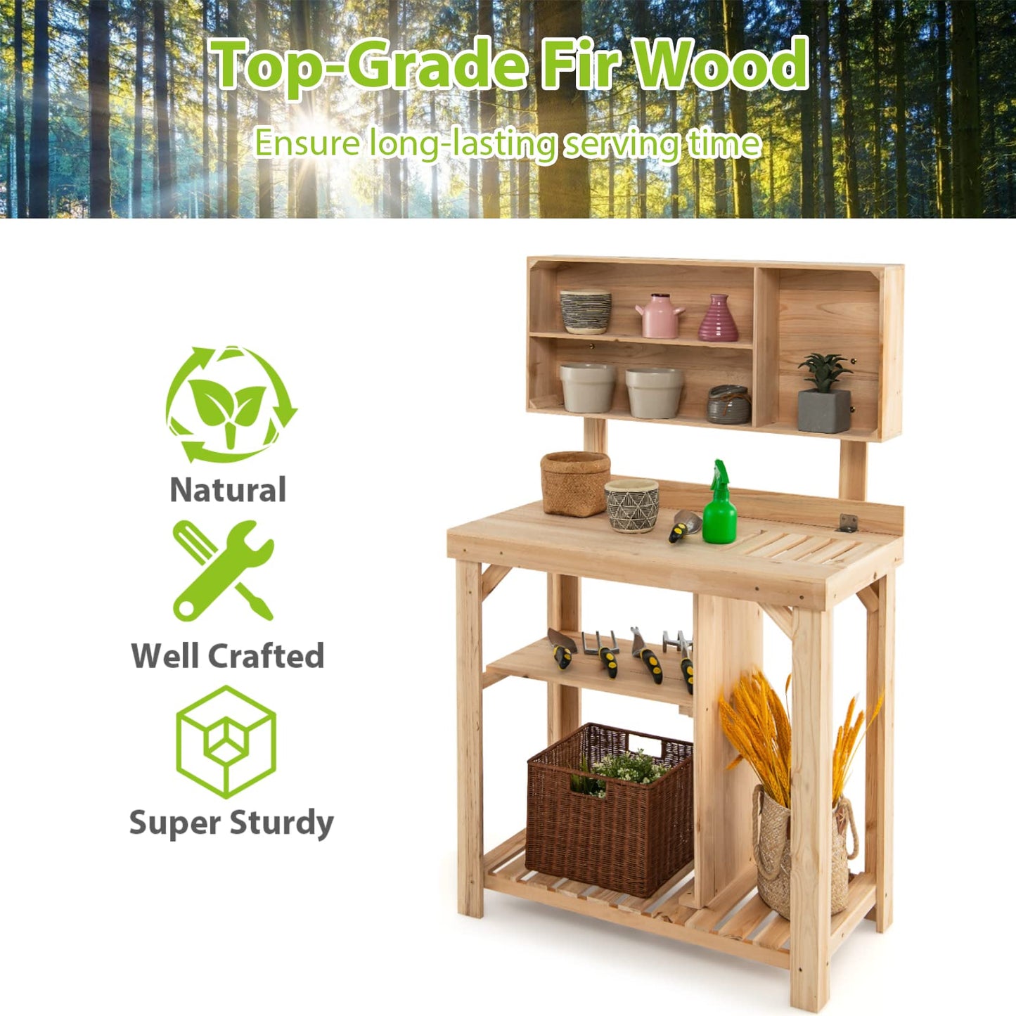 GiantexUK Garden Potting Table, Fir Wood Potting Bench with Multiple Storage Shelves