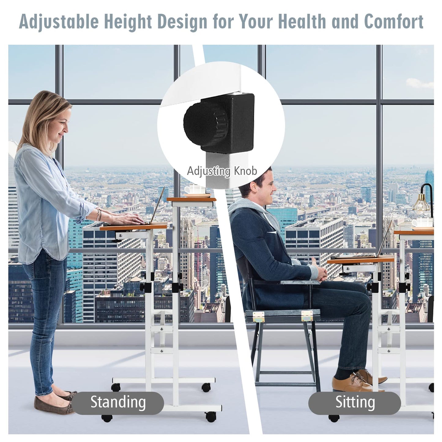 Height Adjustable Standing Desk, Mobile Laptop Table Computer Desk with Tilting Tabletop and Wheels