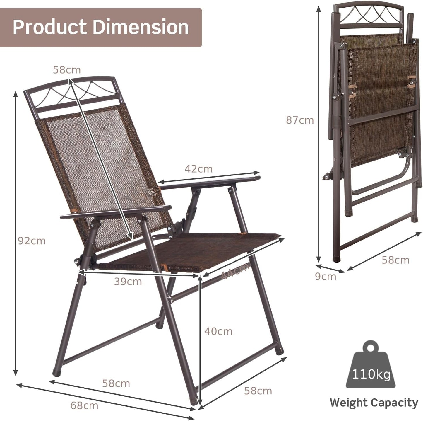 GiantexUK Folding Patio Chairs Set of 4, Metal Frame Garden Chairs with Backrest, Armrests & Footrest