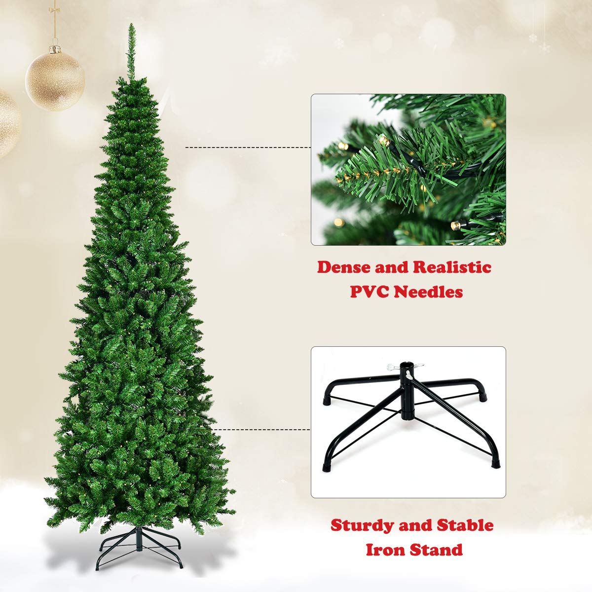 7.5FT Pre-lit Slim Christmas Tree, Hinged Pencil Xmas Tree with Warm LED Lights