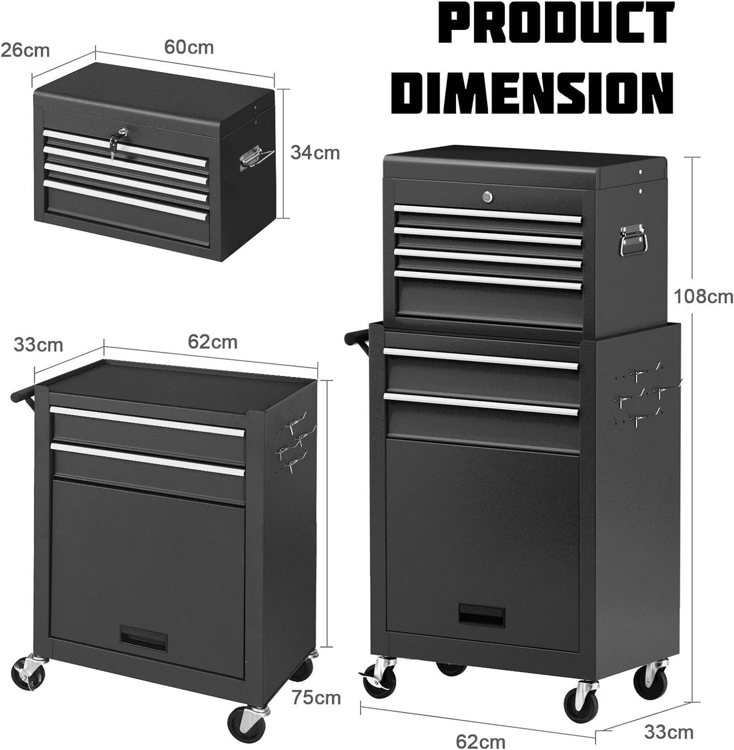 GiantexUK 2-in-1 Tool Chest on Wheels, Rolling Lockable Metal Tool Cabinet Storage Box with Detachable Top Cabinet