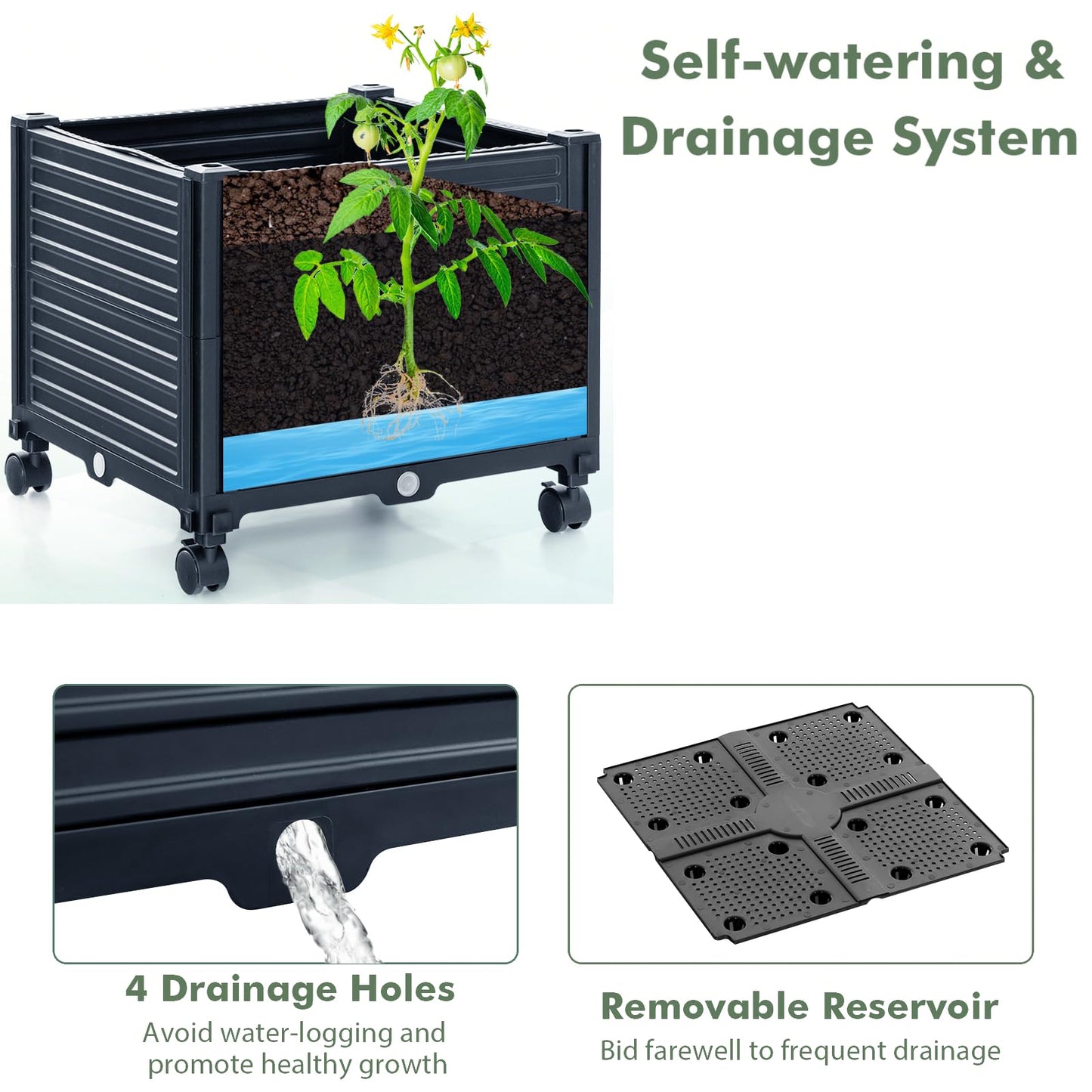 GiantexUK Raised Garden Bed with Trellis, Adjustable Rolling Planter Pox with Wheels, Self Watering & Drainage System