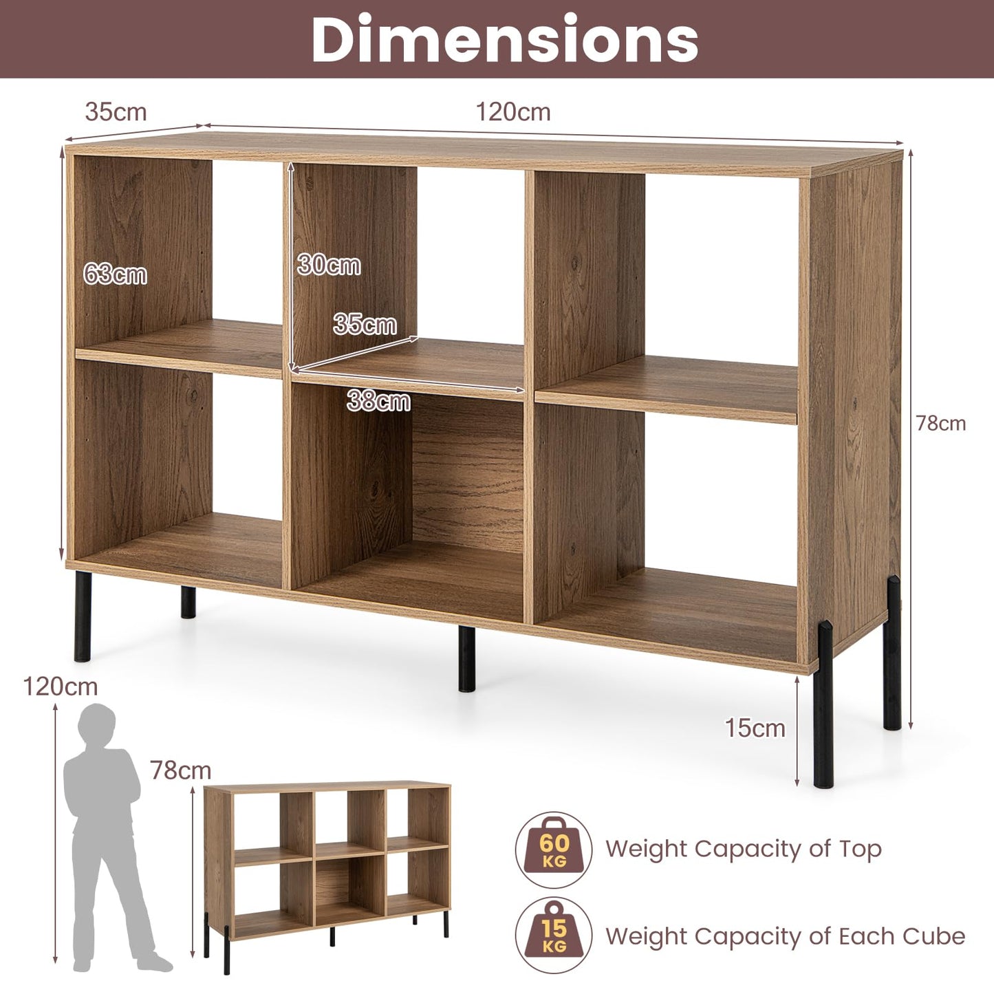 6 Cube Storage Bookcase, Wooden Freestanding Bookshelf Side Cabinet with Adjustable Shelves and 5 Metal Legs, 120x35x78cm