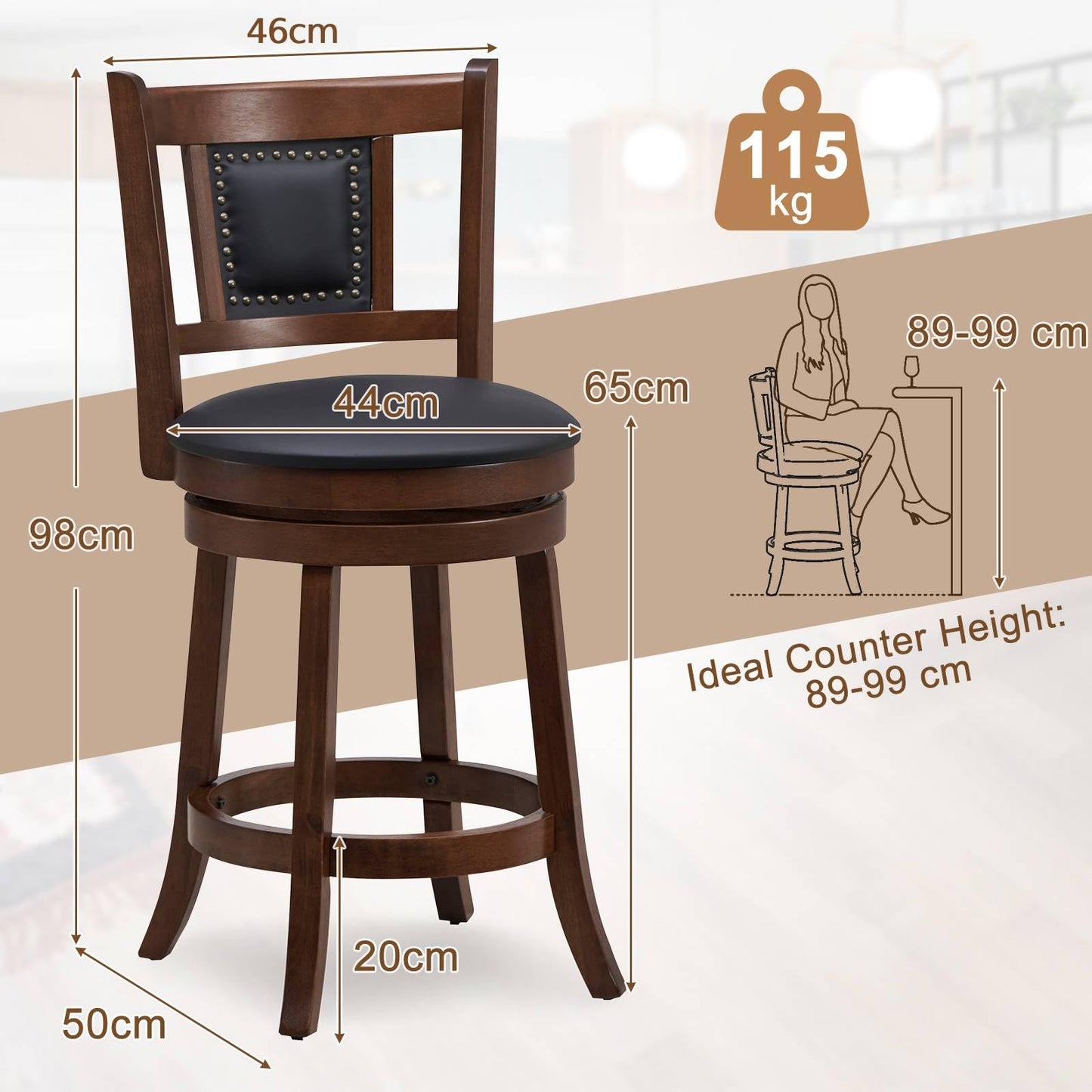 GiantexUK Bar Stools Set of 2, Swivel Upholstered Barstools with PVC Cover Seat, Curved Backrest & Footrest, 46 x 50 x 98cm