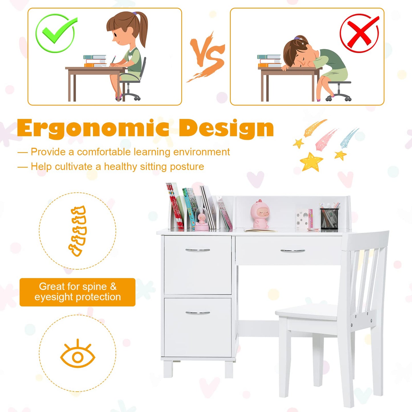 Kids Desk and Chair Set, Wooden Student Study Table with Drawer, Storage Cabinets & Tabletop Bookshelf(White)