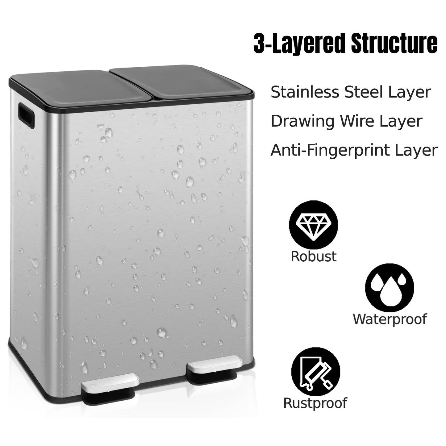 GiantexUK 2x30L Kitchen Pedal Bin, Stainless Steel Recycling Rubbish Can with Detachable Inner Buckets