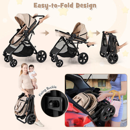 2 in 1 Baby Pushchair, Foldable Travel System Pram with Reversible Seat, Adjustable Canopy & Handle