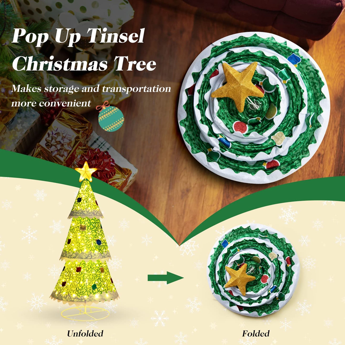 4.6FT Pop up Christmas Tree, Collapsible Xmas Trees with 110 LED Lights and Top Star