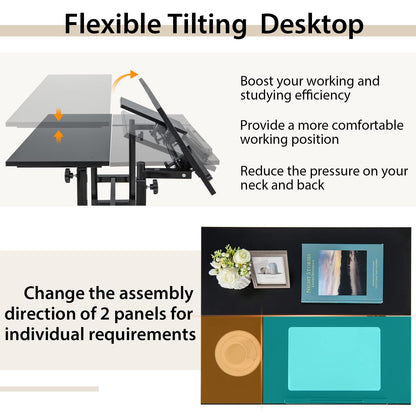 Height Adjustable Standing Desk, Mobile Laptop Table Computer Desk with Flip-over Desktop and Wheels