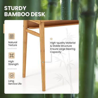 Bamboo Computer Desk, 100cm Study Table Writing Workstation with 2 Storage Drawers