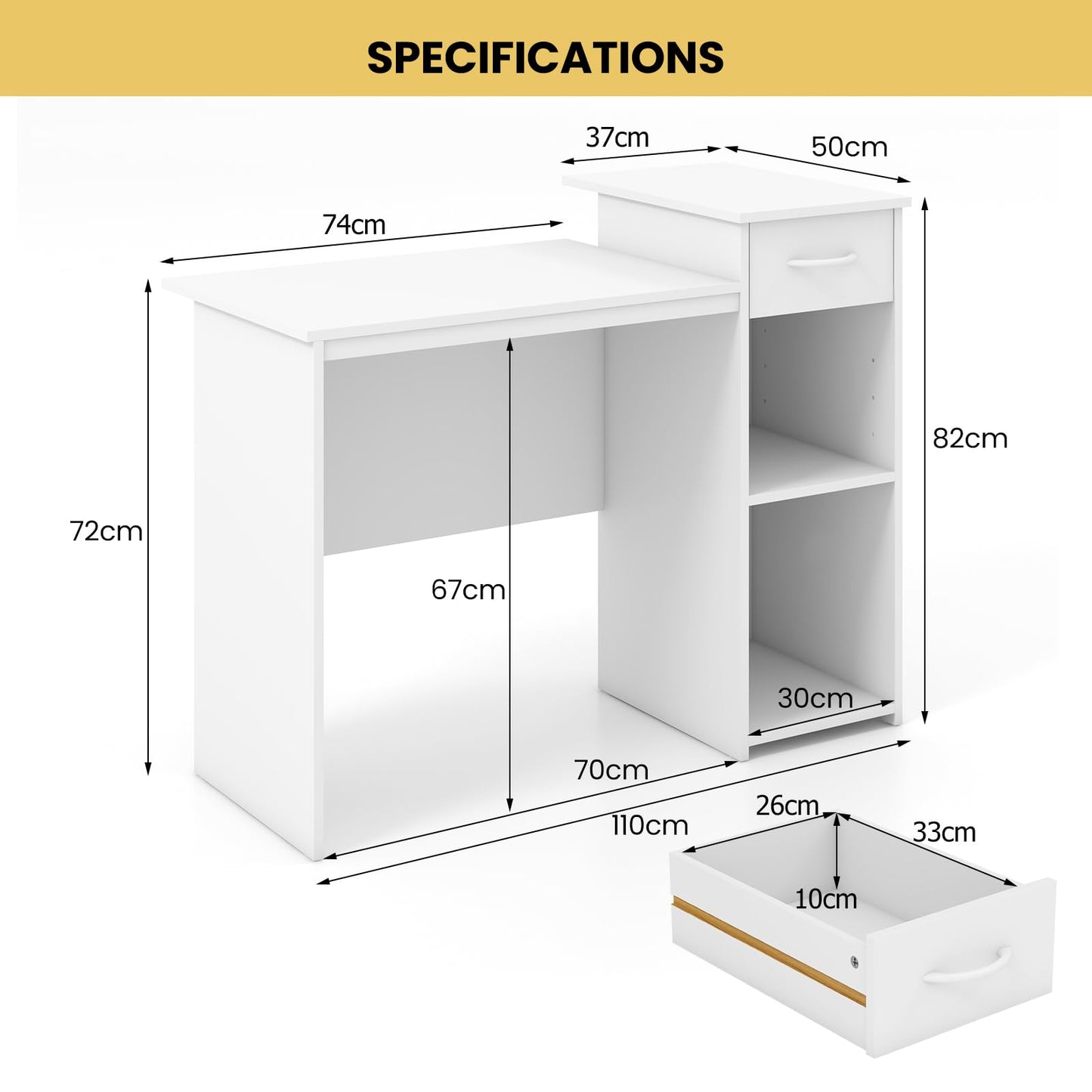 Compact Computer Desk, Small Wooden Study Writing Workstation with Drawer (110 x 50 x 82 cm)