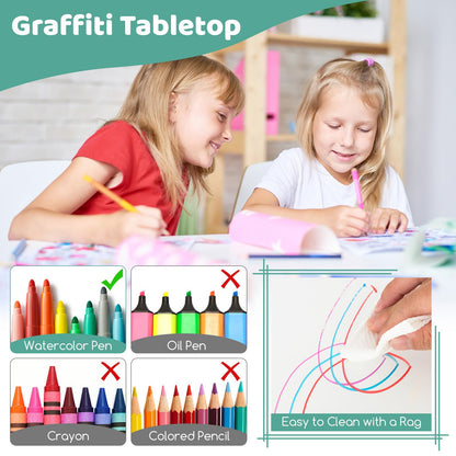 Kids Table and 4 Chairs Set, Height Adjustable Toddler Art Tables with Graffiti Desktop