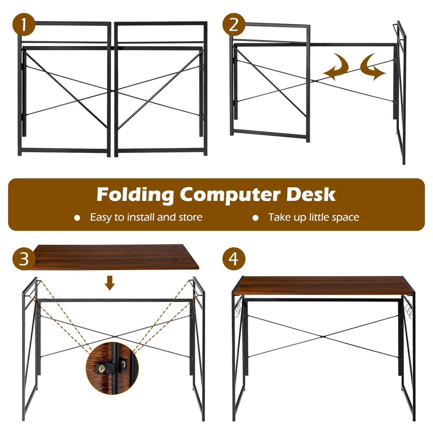 Folding Computer Desk, Modern Simple Study Desk Writing Workstation with 6 Hooks and Crossbars