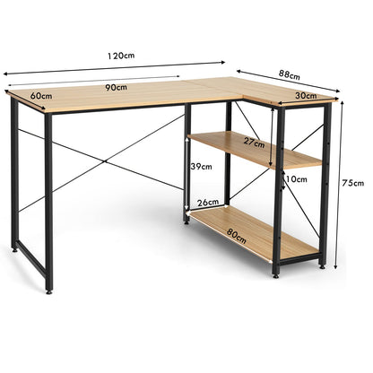 Corner Computer Desk, L-Shaped Writing Study Table with Reversible and Adjustable Bookshelf