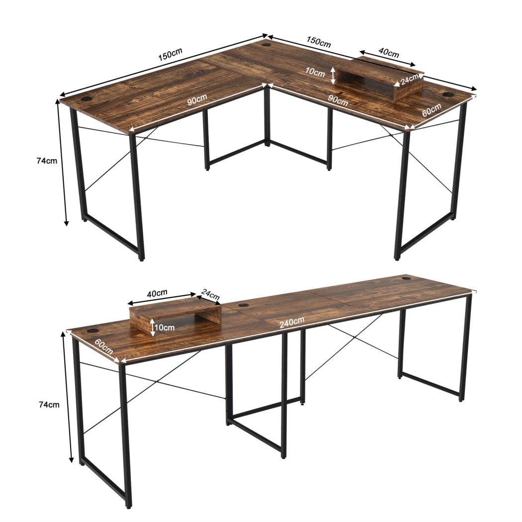 L-Shaped Computer Desk, 240cm Reversible Double Study Writing Workstation for 2 Person