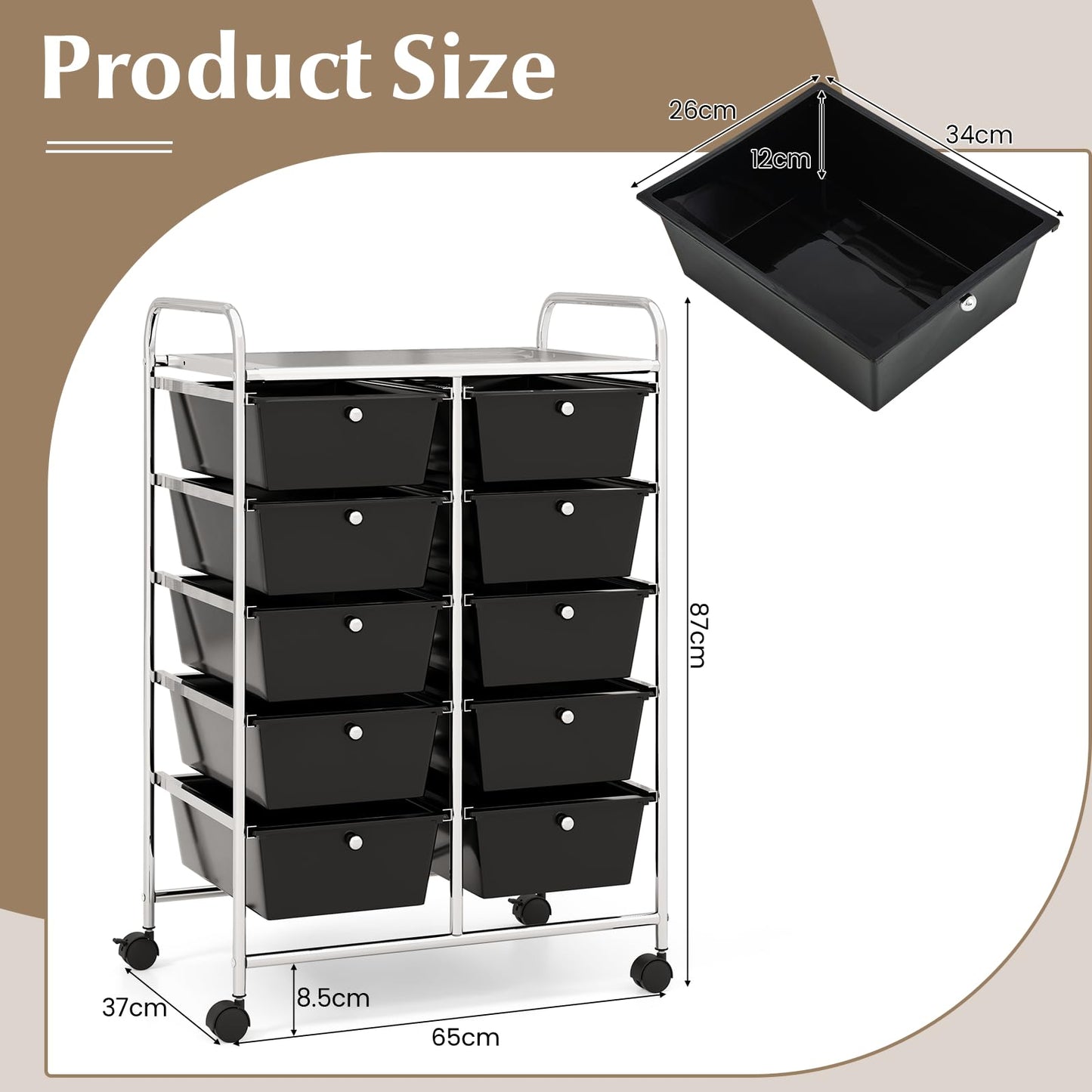 GiantexUK 10 Drawers Storage Cart, Mobile Rolling Storage Trolley with 4 Lockable Wheels & Handles