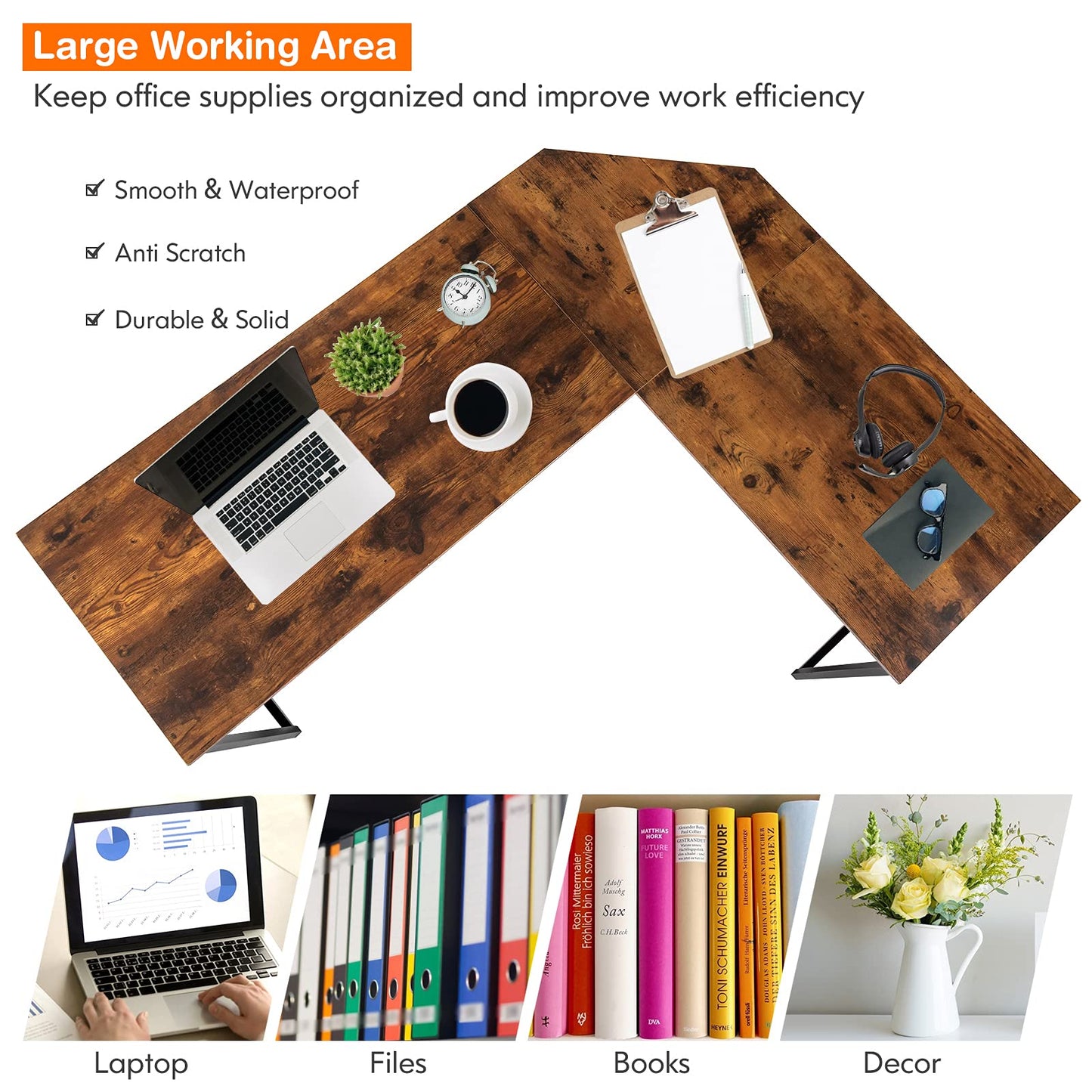 L-Shaped Computer Desk, Industrial Large 2-Person Corner Writing Workstation PC Laptop Table (Rustic Brown, 148 x 120 x 75cm)