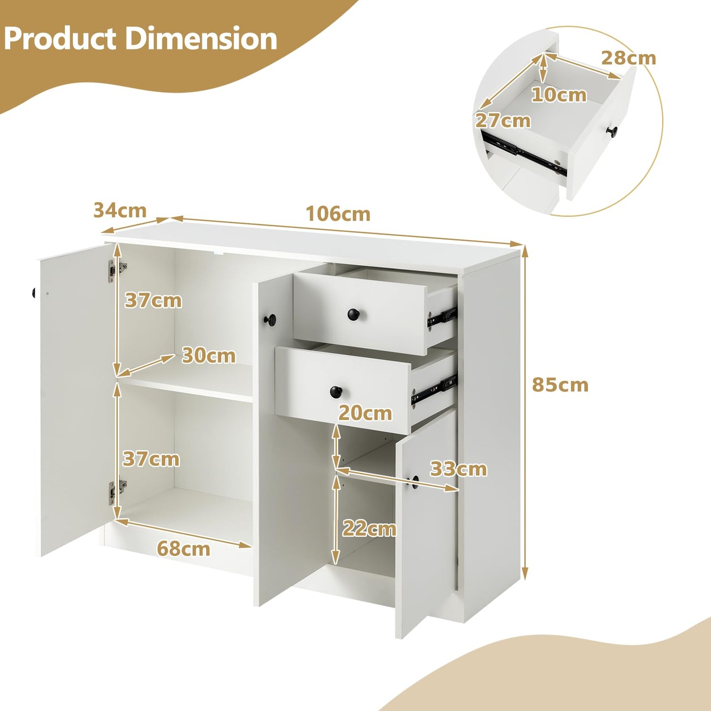 GiantexUK Kitchen Storage Cabinet, Wooden Buffet Sideboard with Doors, Drawers, Shelves & Anti-Tipping Device