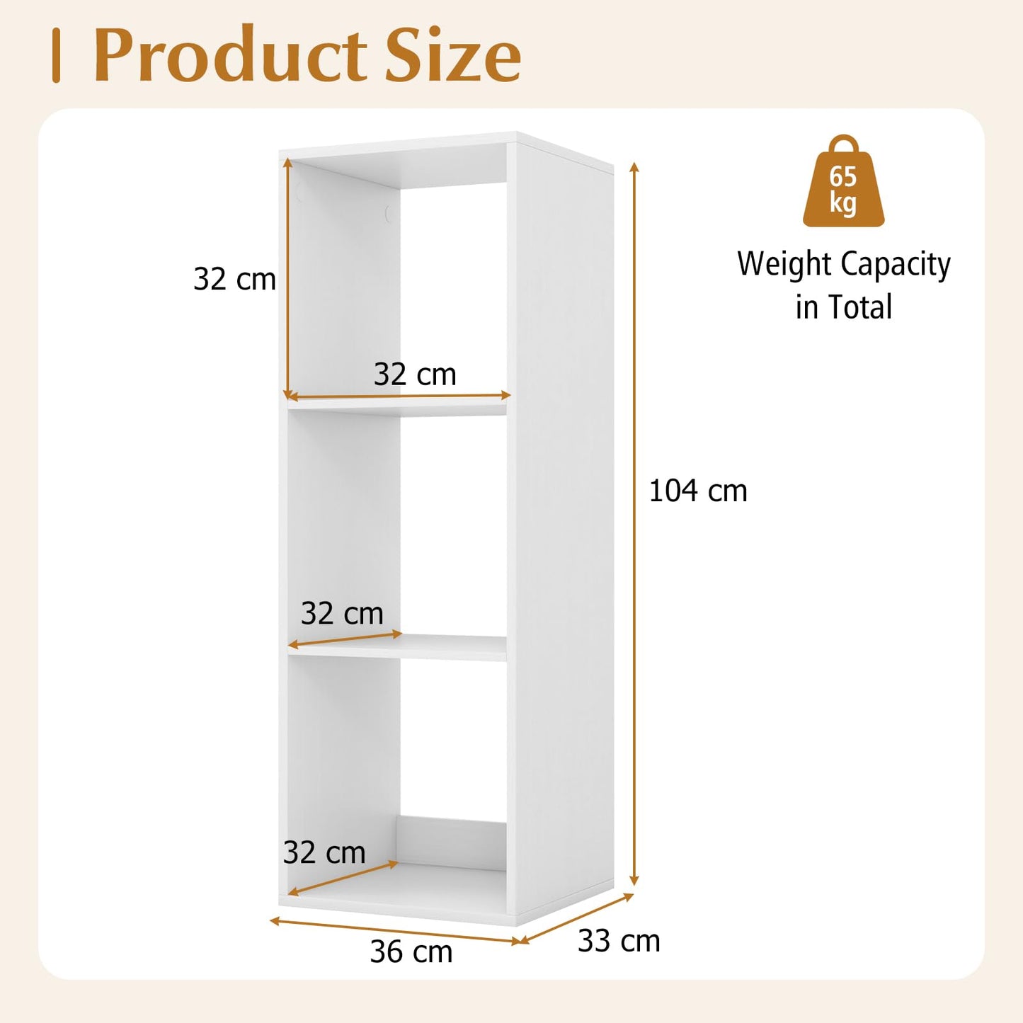 3 Cube Bookshelf, Modern Vertical Bookcase with Anti-tipping Kits, 36 x 33 x 104 cm