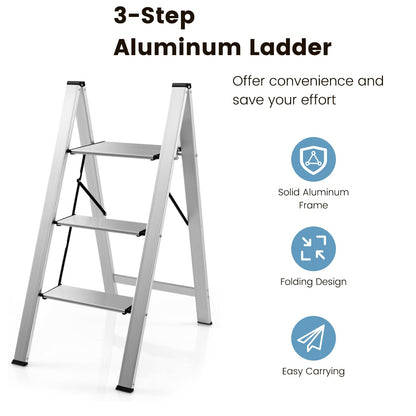 GiantexUK 3 Step Ladder, Aluminum Frame Folding Ladder with Non-slip Wide Pedal