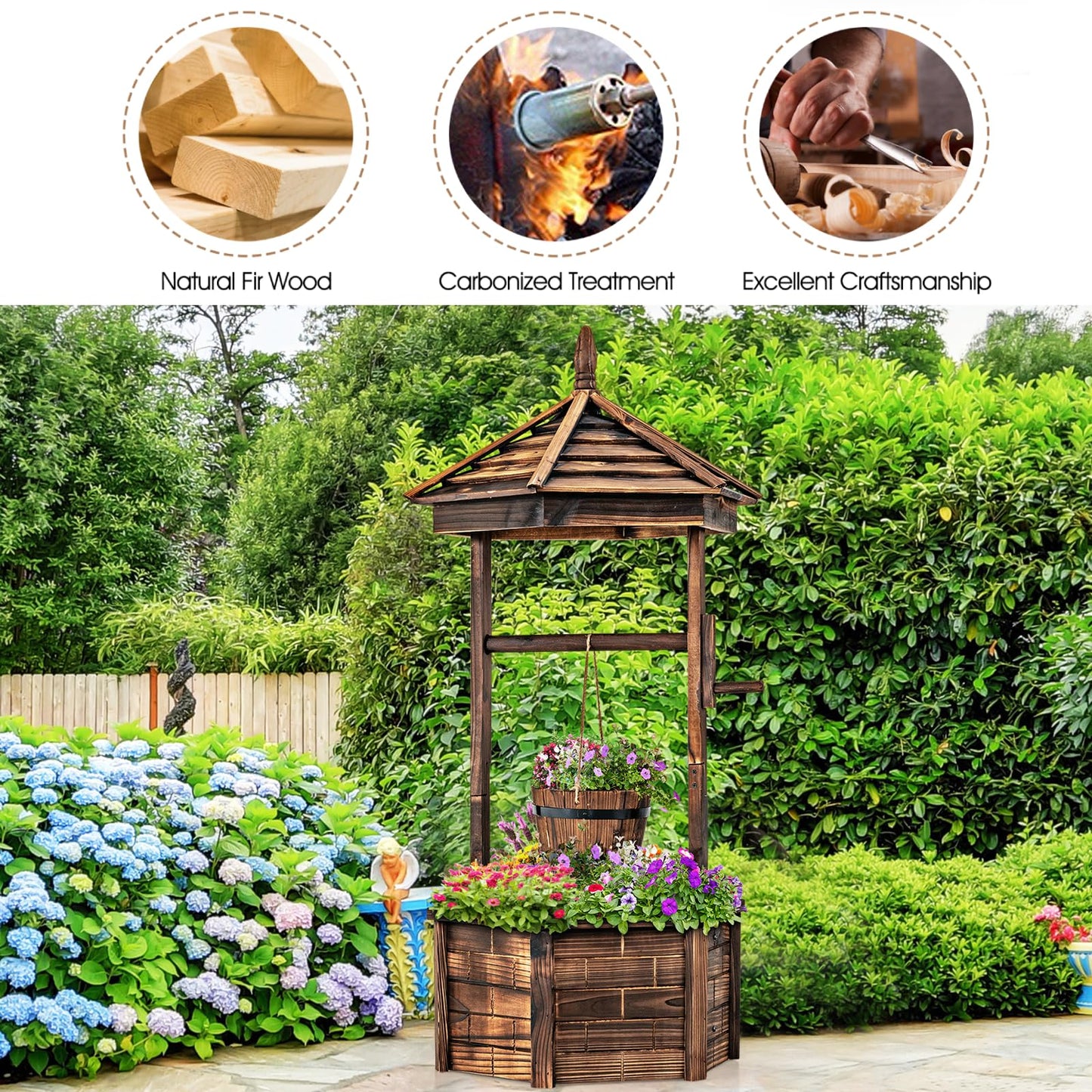 GiantexUK Wooden Wishing Well Planter, Garden Feature Flower Pot with Adjustable Hanging Bucket & Drainage Hole, 60 x 60 x 122cm