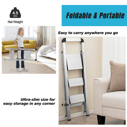 GiantexUK 3 Step Ladder, Aluminum Folding Ladder with Non-slip Wide Pedal, Anti-slip Foot Pads & Safety Buckle (3 Step with Handrail)